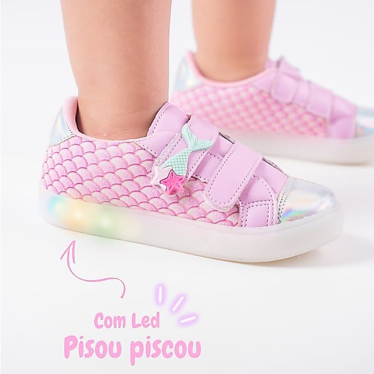 Tênis Infantil Sereia LUZ LED Brilhante Menina Confortável Antiderrapante Estiloso Moda Promoção