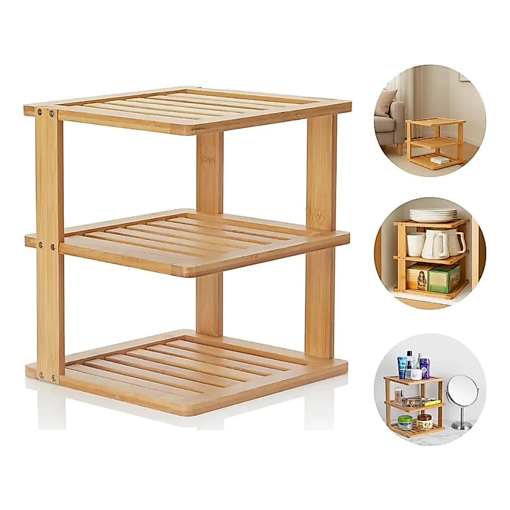 Rack Bambu Ecoliven Organizador De Armário 3 Andares Prateleira Canto Cozinha Sala Banheiro Estante Chão Madeira