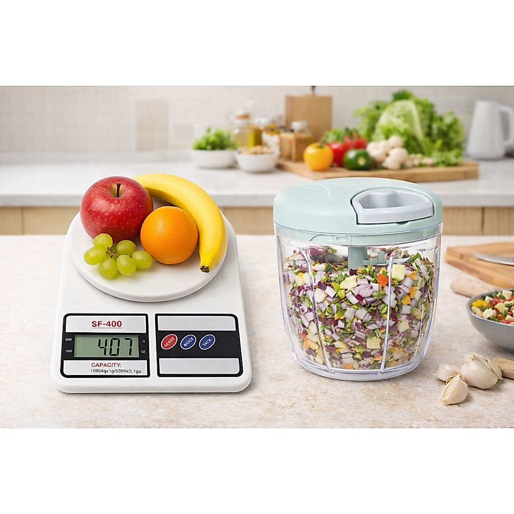 Kit Balança Digital 10kg Alta Precisão E Processador Manual 900ml 5 Lâminas Triturador de Alimentos