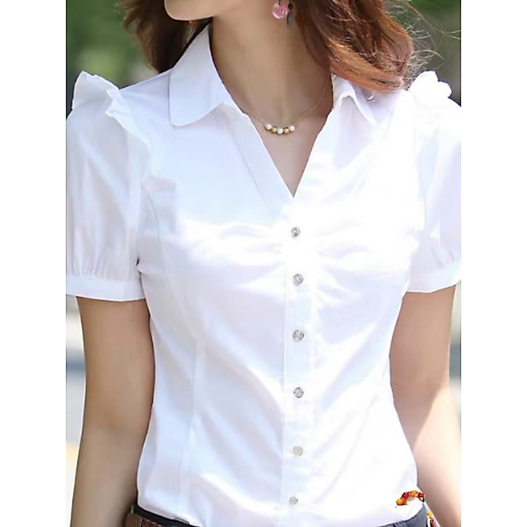 Verão com decote em V profissional Wear camisa branca feminina 2026 novo estilo magro camisa de manga curta versão corea