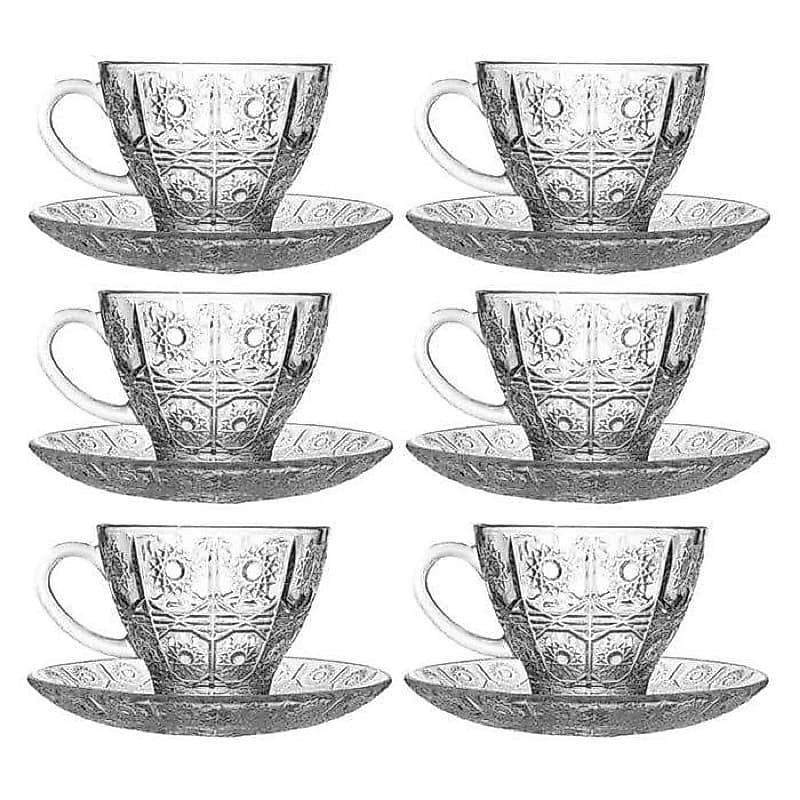 Jogo De Xícaras E Pires Em Vidro 6 Xícaras e 6 Pires Para Chá Café 220ml - Boêmia