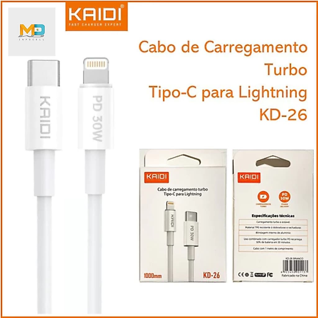 Cabo Original KAIDI Tipo C para Lightning iPhone  Rápido Turbo PD 30W