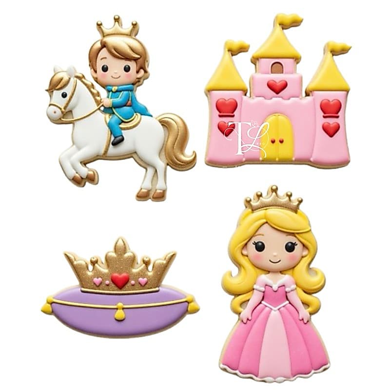 Cortador e Carimbo de Biscoito da Princesa 8cm, 4 peças Artigo de Confeiteiro, Príncipe, Princesa, Castelo e Coroa!