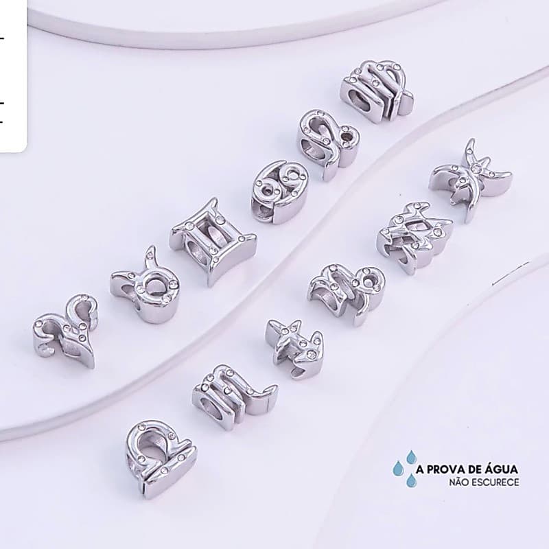 Berloque Todos os Signos Aço Inox Cravejado Separador 316L  Charm Prata  Pingente  Europeu Universal