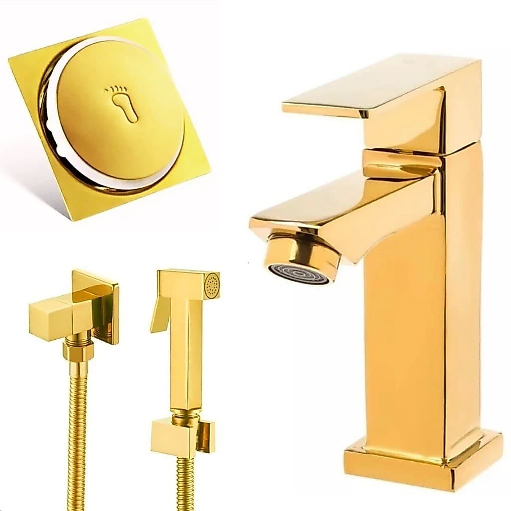 Kit BANHEIRO DOURADO OURO Ducha Higiênica + Torneira Água Fria + Ralo 10x10 Dourado