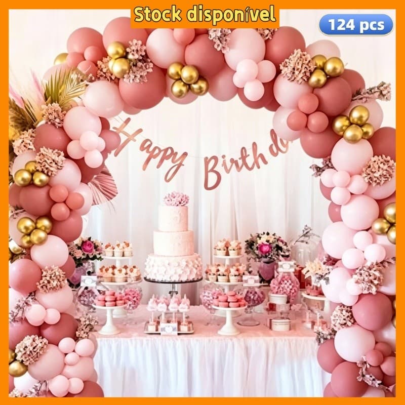 Kit 124 Balões Rosê Dourado Arco Decoração Aniversário Festa Infantil e Adulto