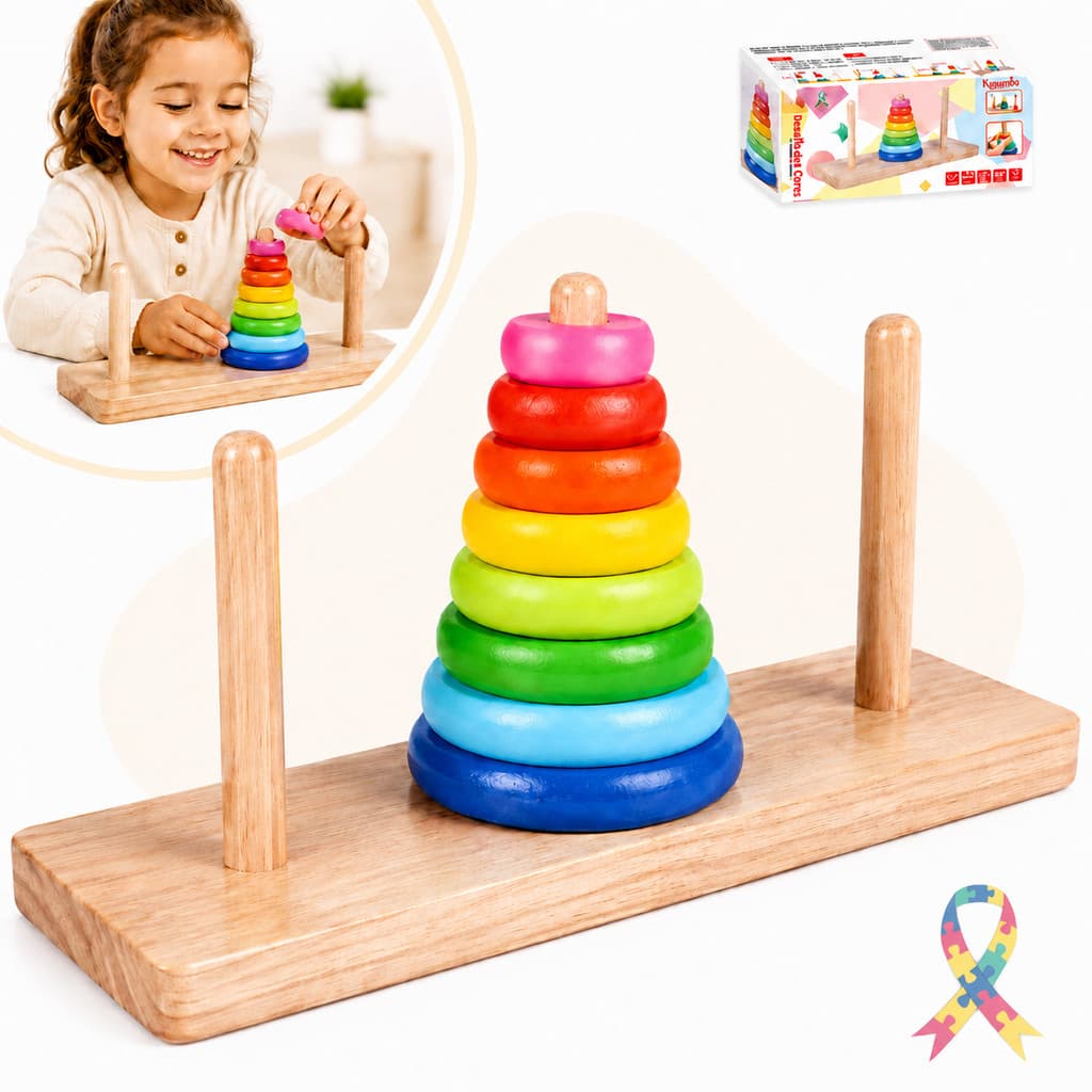 Brinquedo Pedagogico Torre De Hanoi Torre Empilhar Madeira Pinos Educativo Desafio Cores TEA Autismo