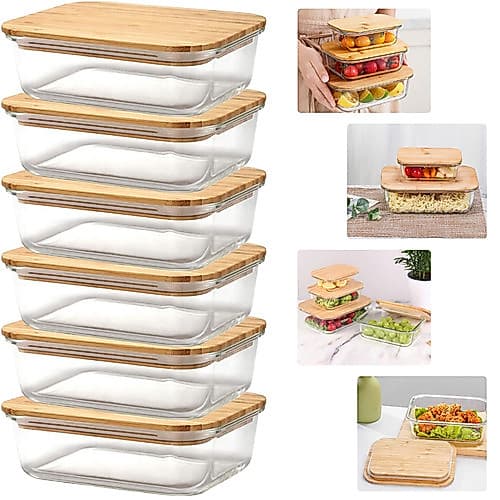 6 Potes Marmita Vidro Borossolicato Retangular Com Tampa Bambu 420ml Armazenar Alimento Geladeira