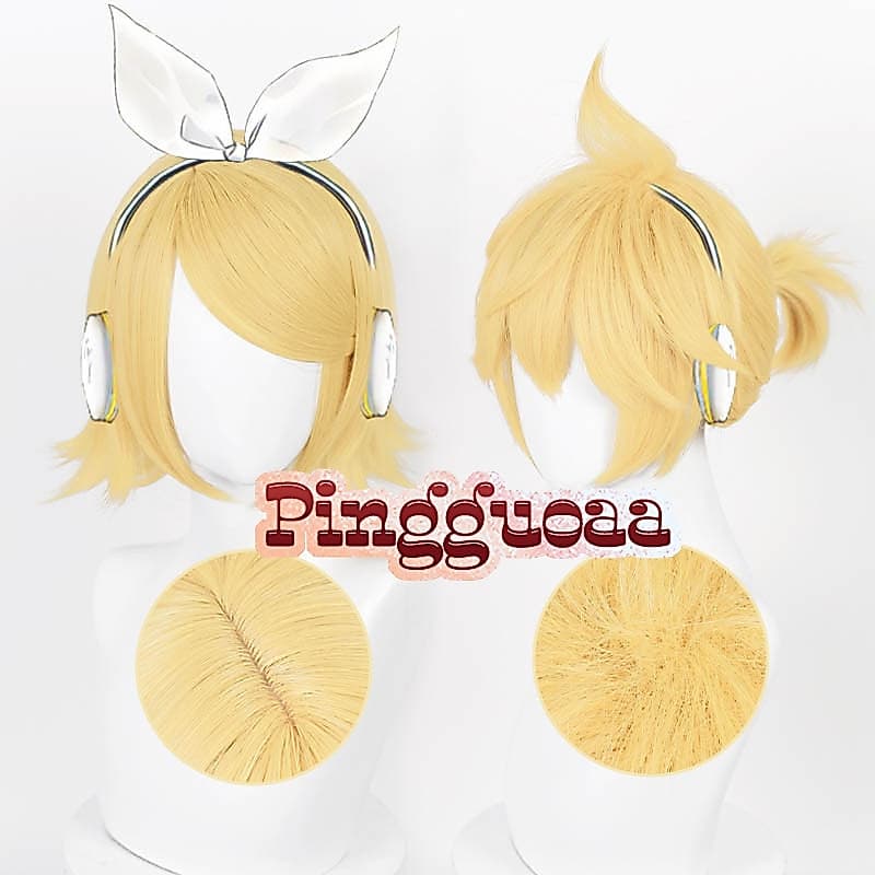 Peruca de Cosplay Anime Vocaloid Kagamine Rin/Len 30cm Curta Amarelo Dourado Resistente ao Calor Cabelo Sintético 9VON
