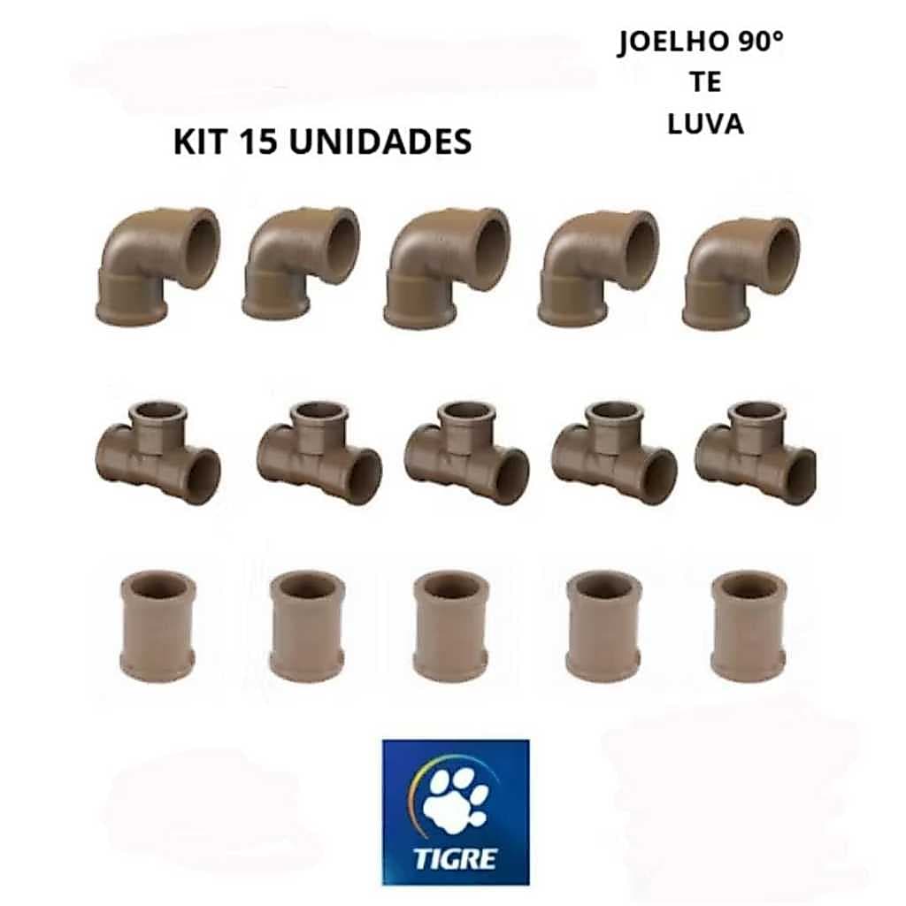 KIT 5 Joelhos - 5 Luvas - 5 Têe  Soldável Marrom PVC  25mm 3/4 Tigre
