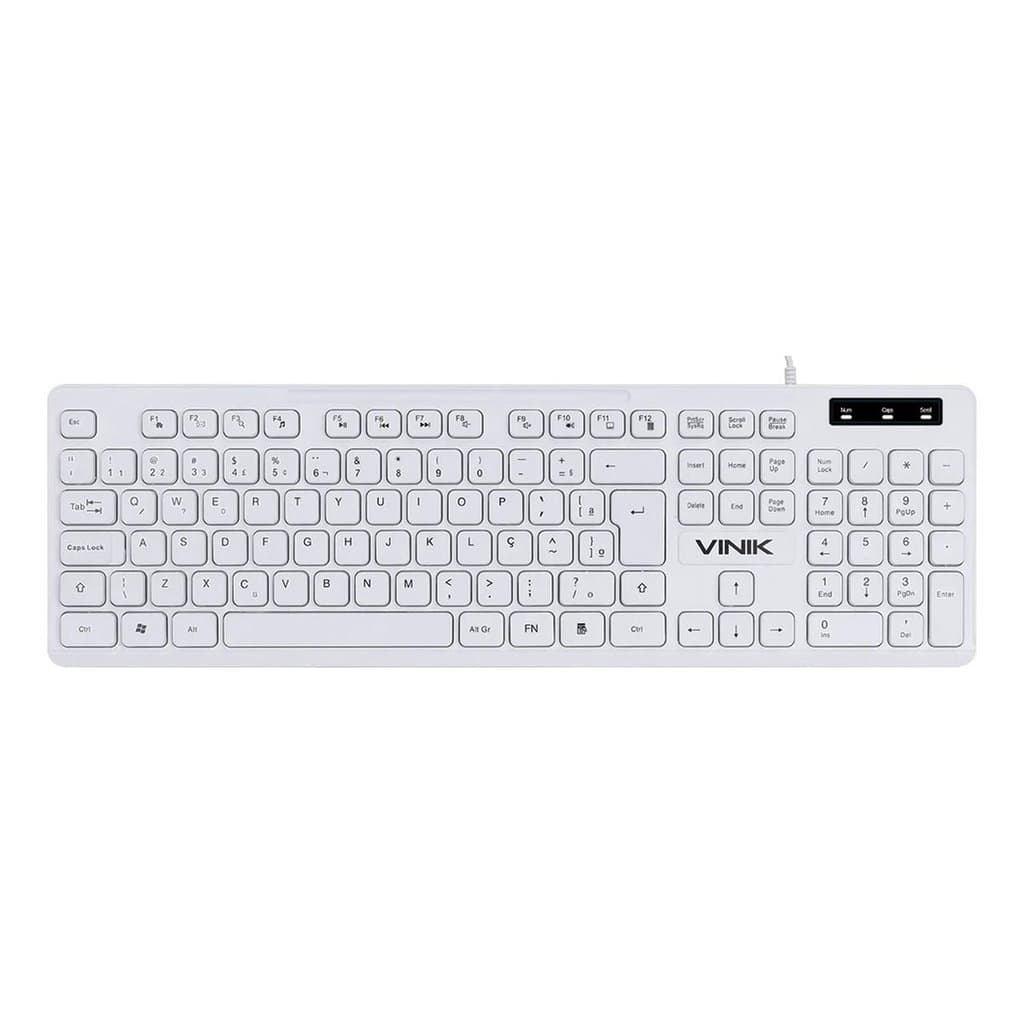 Teclado USB Multimídia Slim Branco Teclas Chocolate Cabo de 1.8m Vinik TCB200 Perfil Baixo