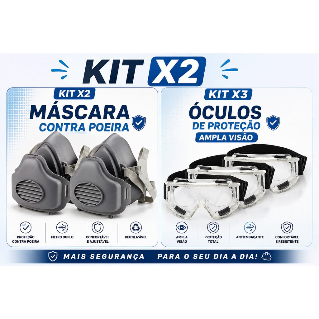 KIT X2 Máscara Contra Poeira X4 OCULOS de protecao ampla Contra Poeira Filtro De Alta Eficiência