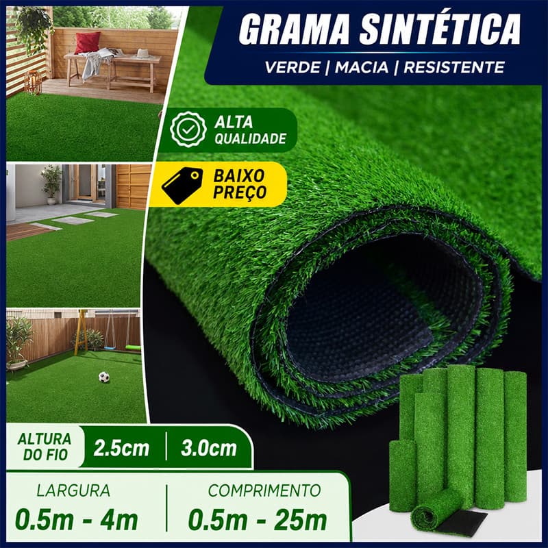 Grama Sintética Premium Verde Natural 1m de Largura x 2,5m a 4m para Decoração