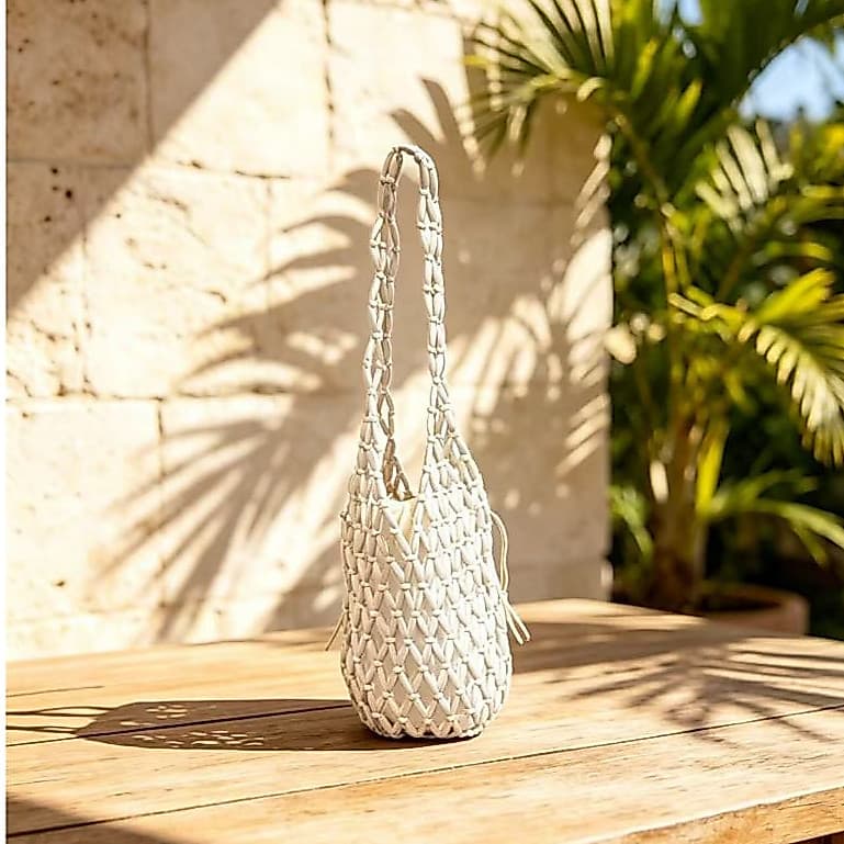 Bolsa Cilíndrica de Contas Perfurada, Bolsa Tiracolo com Forro Removível, Modelo Espaçoso para Verão, Praia e Passeios