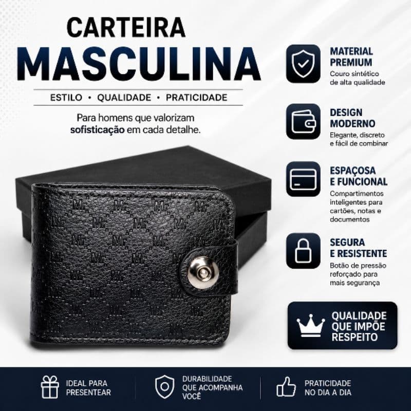 Carteira Masculina Couro Porta Cartão Compacta Elegante Moderna Premium