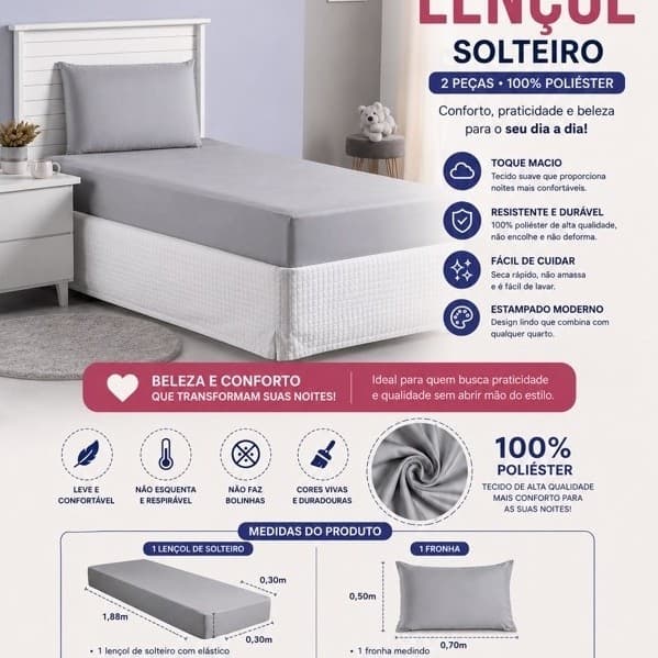 Jogo de Lençol Solteiro 2 Peças Liso 100% Poliéster Lençol + Fronha Cama Solteiro