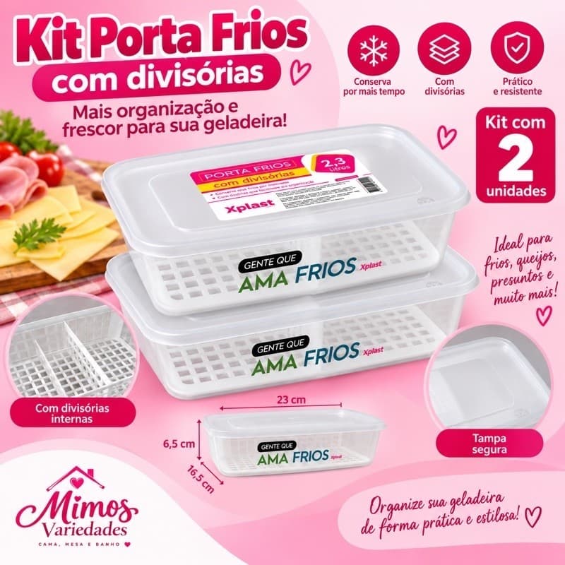 KIT POTE GRANDE PORTA FRIOS PRESUNTO/QUEIJO COM DIVISÓRIAS E TAMPA 2,3 LITROS RESISTENTE E PRÁTICO COM 1 OU 2 UNIDADES