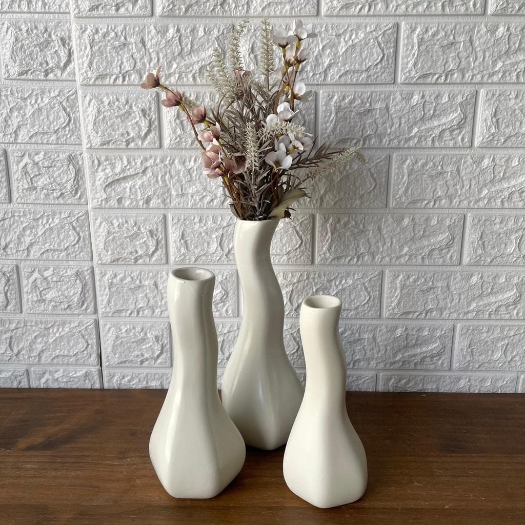 Conjunto 3 Vasos Cerâmica Branco Sala Aparador Estante