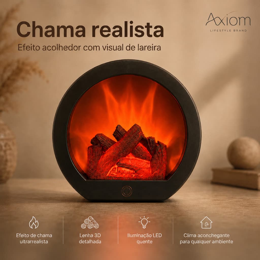 Luminária Lareira LED Axiom Efeito Chama 3D Abajur de Mesa Parede Decorativa Enfeite USB