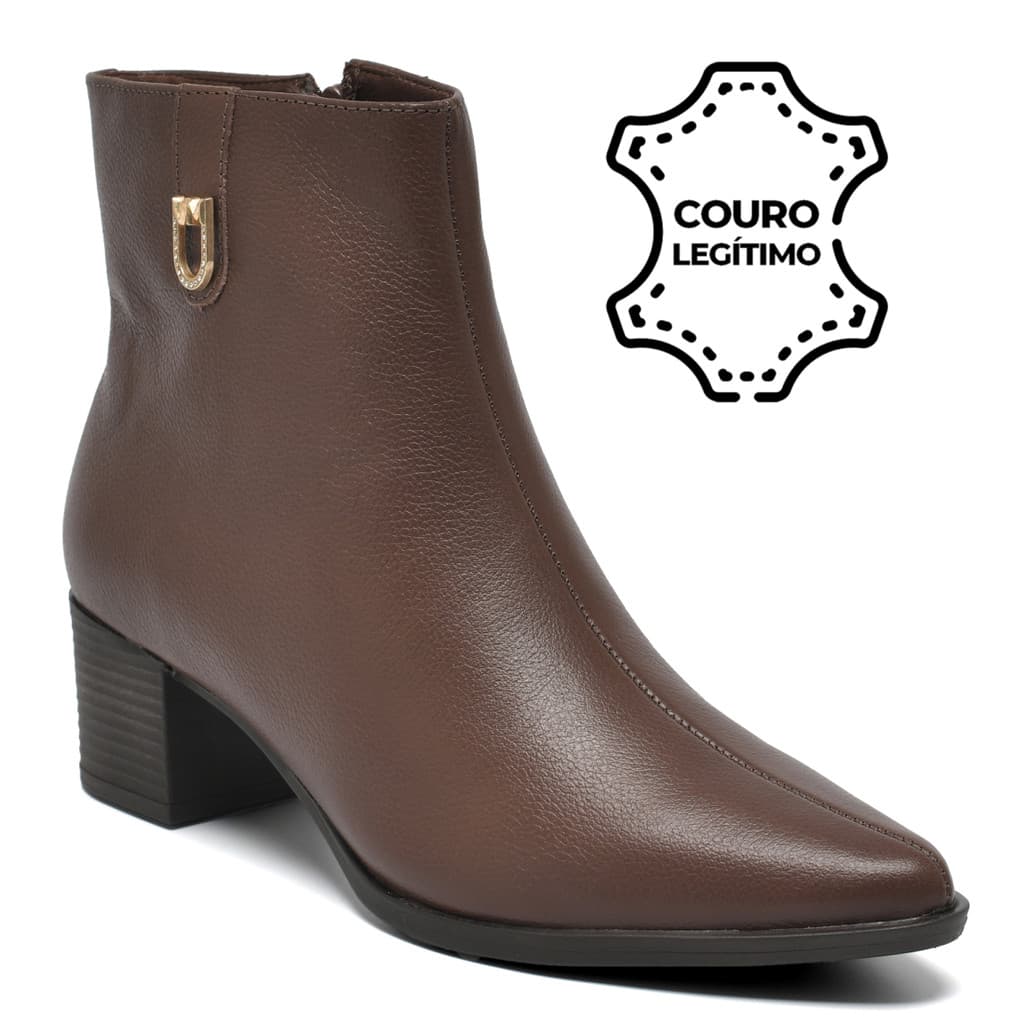 Bota Via Marte Social Feminina Couro Salto Grosso Bico Fino Casual