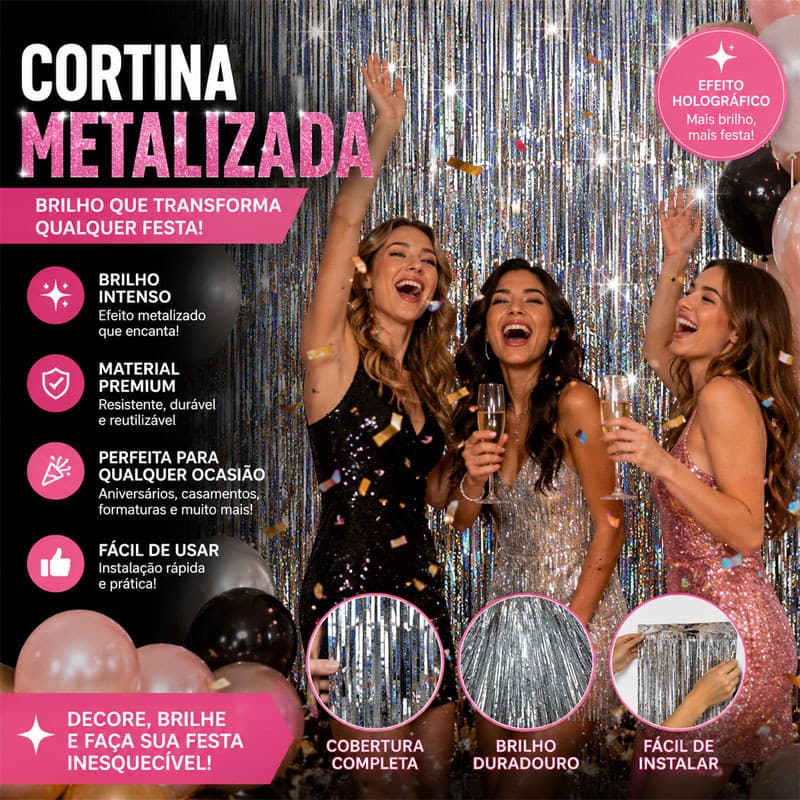 Cortina Metalizada Prata Franja Metálica 2x1m Para Decoração De Festa Cores Holografico