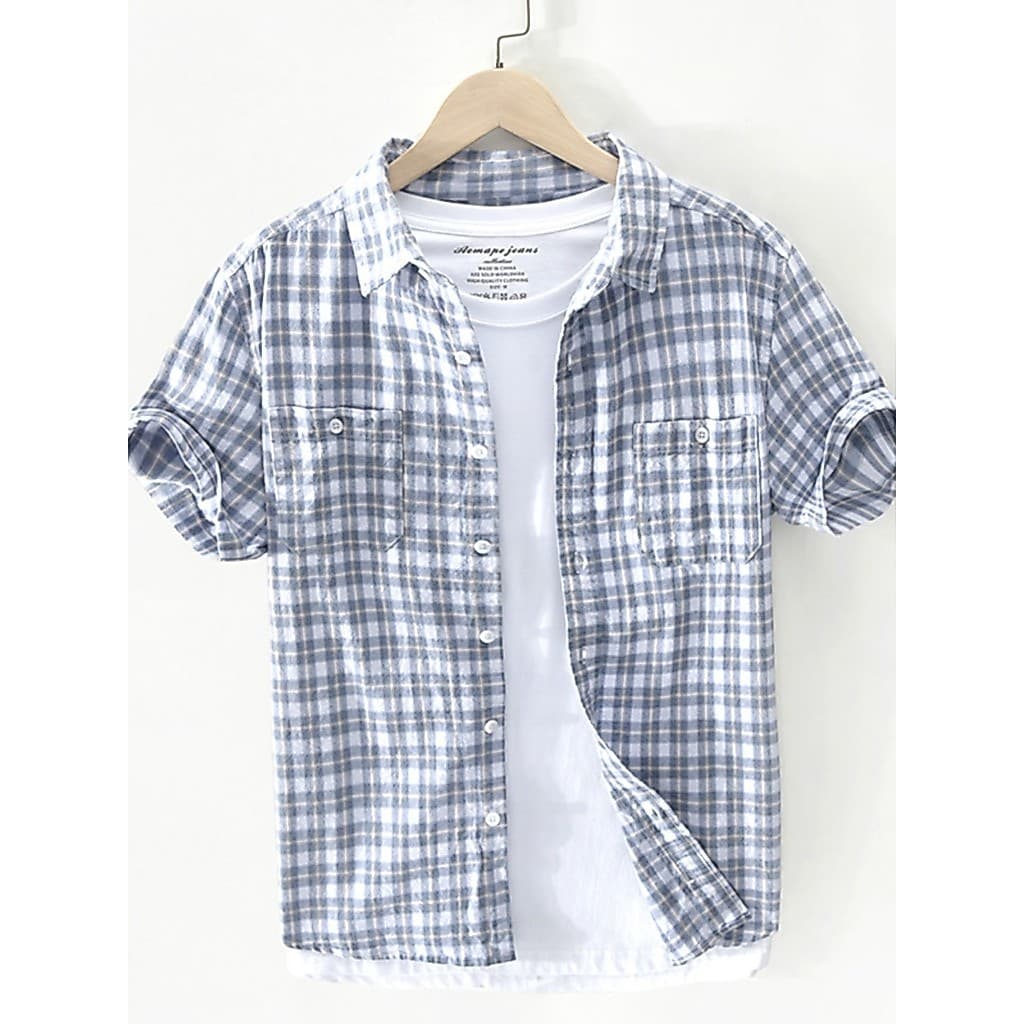 Camisa xadrez de verão masculina de manga curta solta Casual estilo fino pescoço quadrado fino ajuste juventude algodão