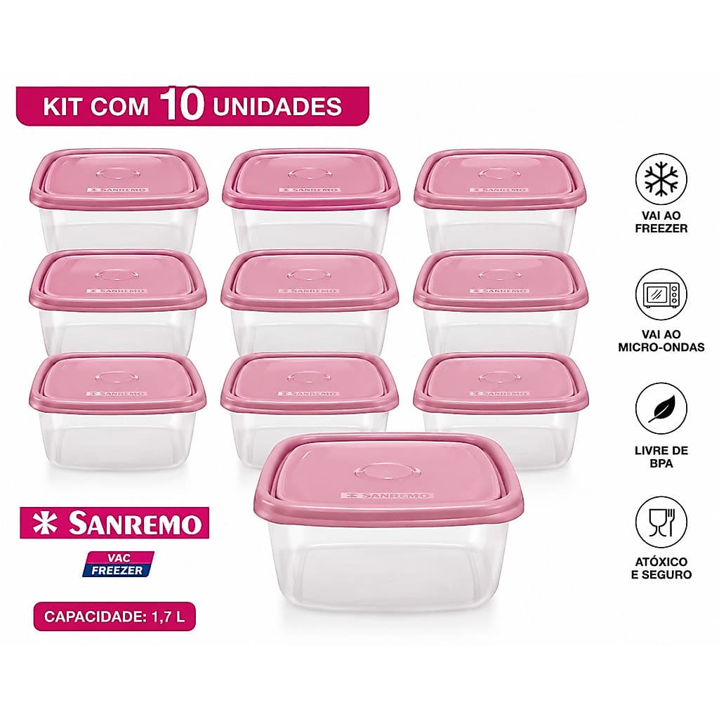 KIT 10 POTES PLÁSTICOS COM TAMPA PARA ALIMENTOS FREEZER E MICRO-ONDAS