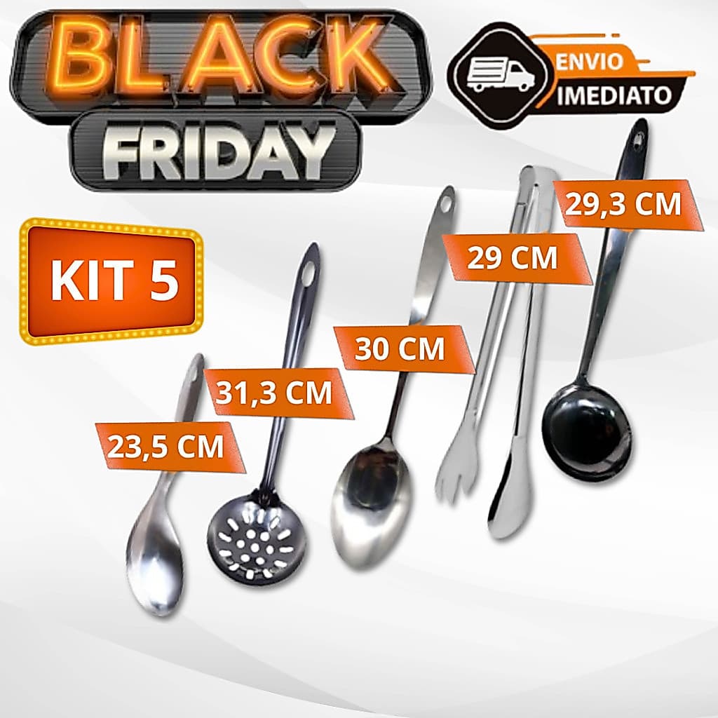 Kit Utensílios de Cozinha 5 Peças 100% Aço Inox Colher de Arroz, Escumadeira, Colher, Pegador e Concha