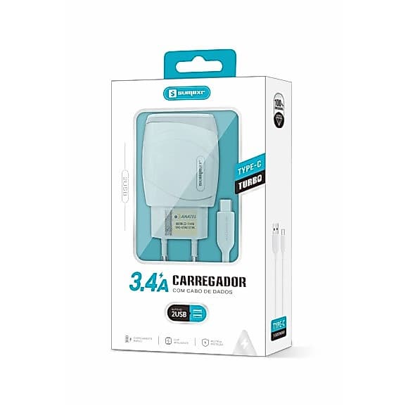 Carregador Turbo Sumerx 3.4A com Cabo Tipo-C | 2 USB | Carregamento Rápido | Bivolt 110V/220V