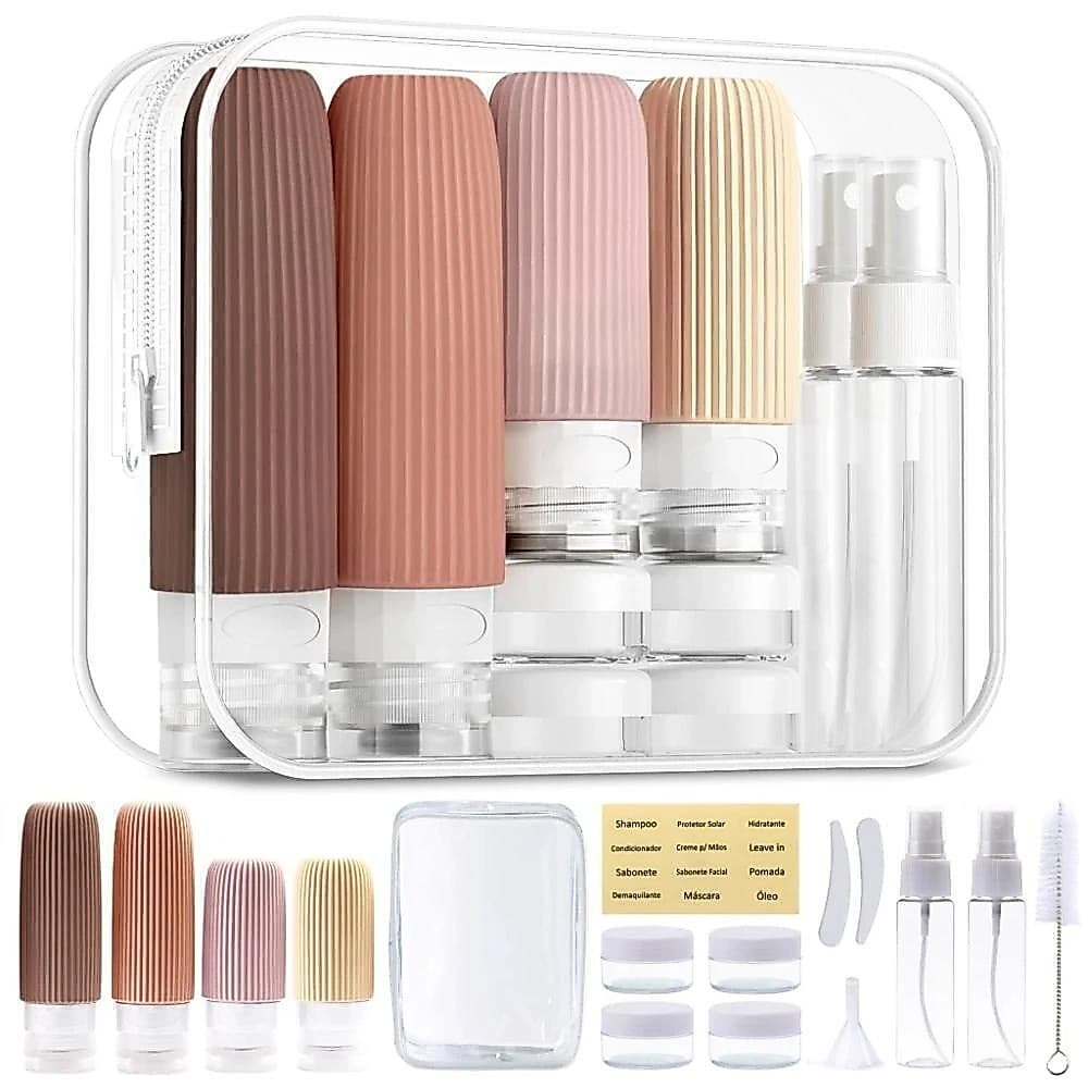 KIT FRASCOS PARA VIAGEM 16 PEÇAS COM NECESSAIRE FRASCOS DE SILICONE E ACESSÓRIOS