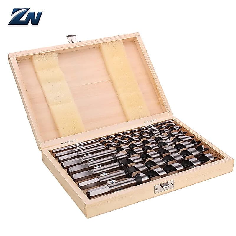Conjunto de 8 brocas espirais para madeira em caixa de madeira, 230mm de comprimento, combinação de brocas espirais para