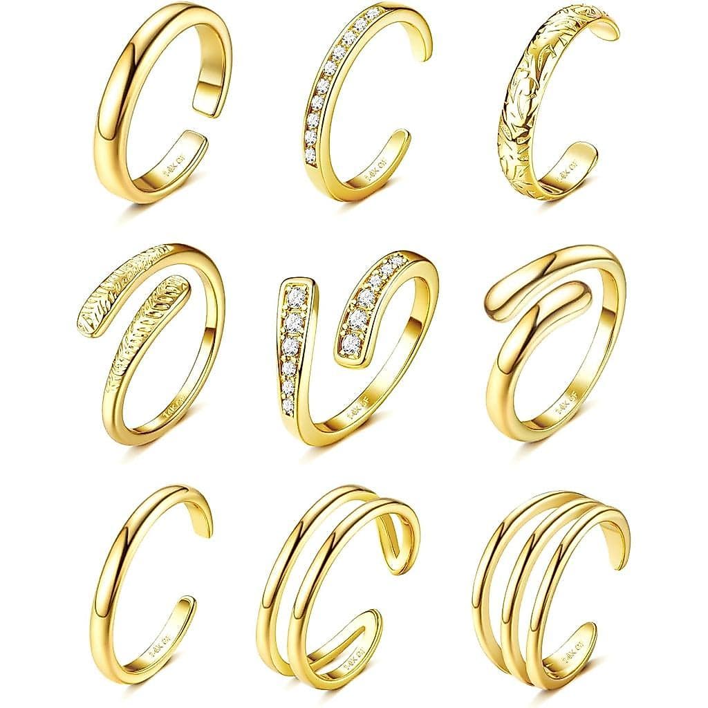 Anéis de Dedo do Pé Besteel para Mulheres, Banhados a Ouro 14K, Simples, com Zircônia Cúbica, Anéis de Banda Tripla Aber