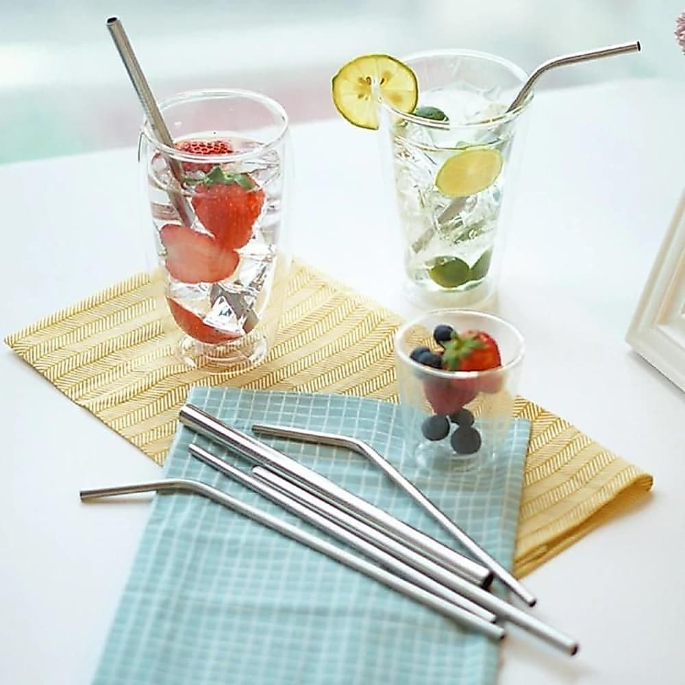 Conjunto de Canudos Inox Reutilizáveis Escova Limpador Canudo Metálica Curvado e Reto