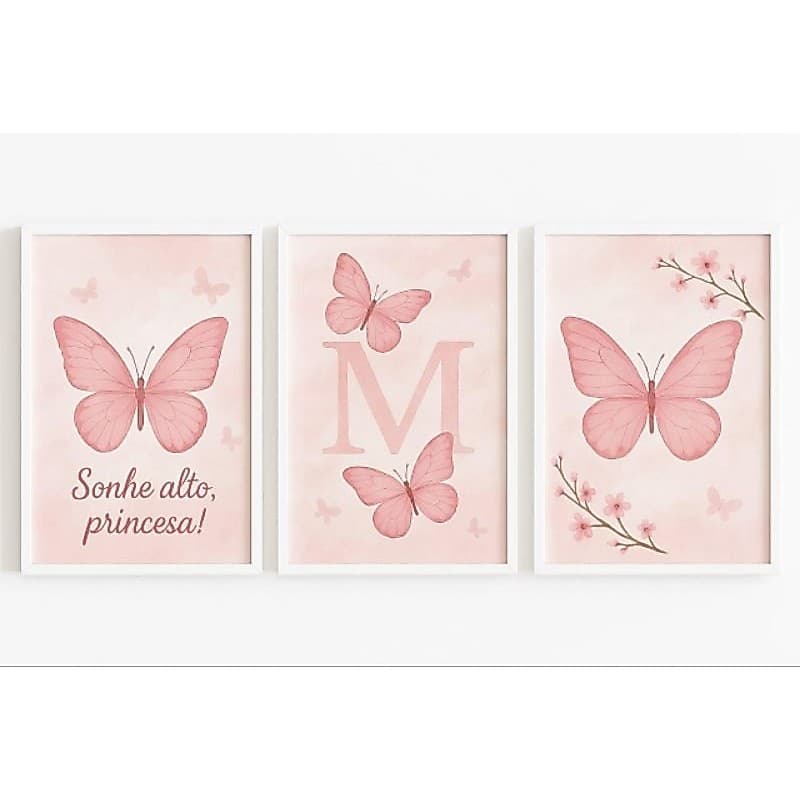 Kit Quadros Decorativos Mosaico 3 Peças Personalizado Letra Menina Borboletas Infantil Nome Cor Rosa