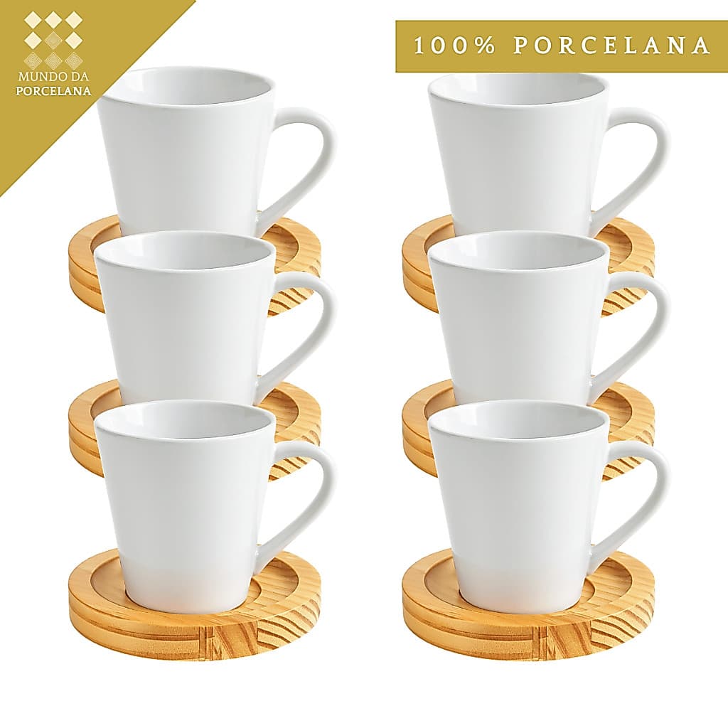 Jogo 6 Xicara Cafe Branca Porcelana 120ml Pires Madeira Premium