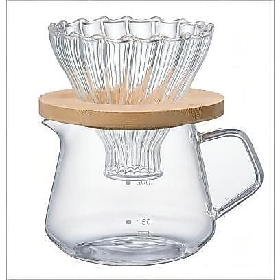Conjunto Coador Para Café De Vidro + Jarra e Bocal Em Madeira 450ML
