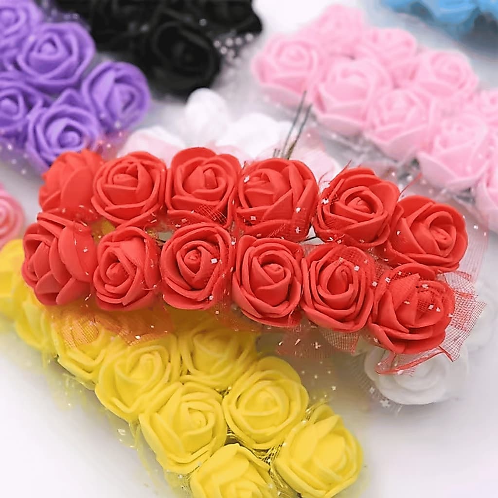 Kit 144 Mini Rosas Artificiais EVA 2cm com Cabinho 5,5cm para Artesanato