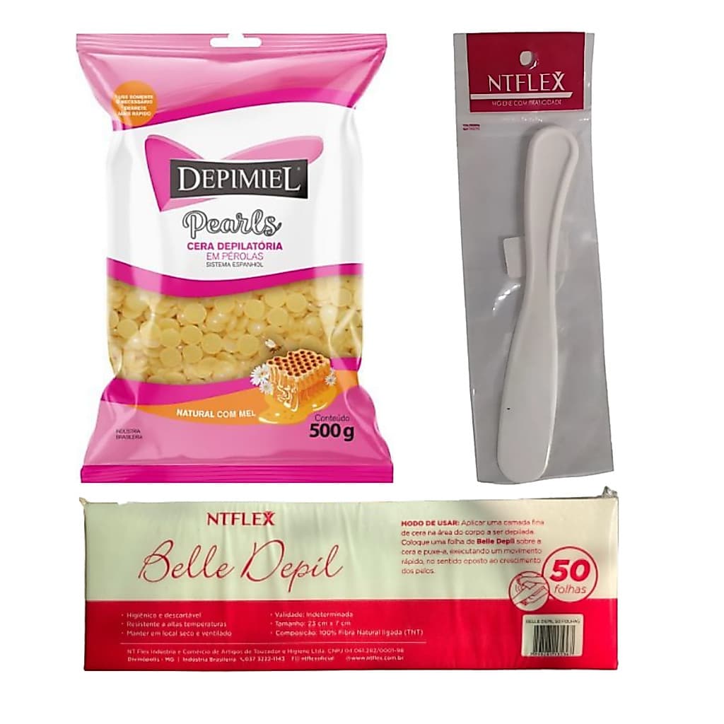 Kit Cera Depilatória Quente Perolada Depimiel 500g + Papel tnt 50un 80gr 23cm x 7,2cm + Espatula plástica