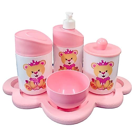 Kit Higiene Bebê Ursinha Princesa c/bandeja nuvem rosa