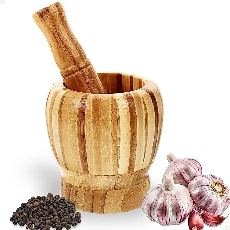Pilão De Madeira Com Socador Bambu Alho Pimenta Temperos