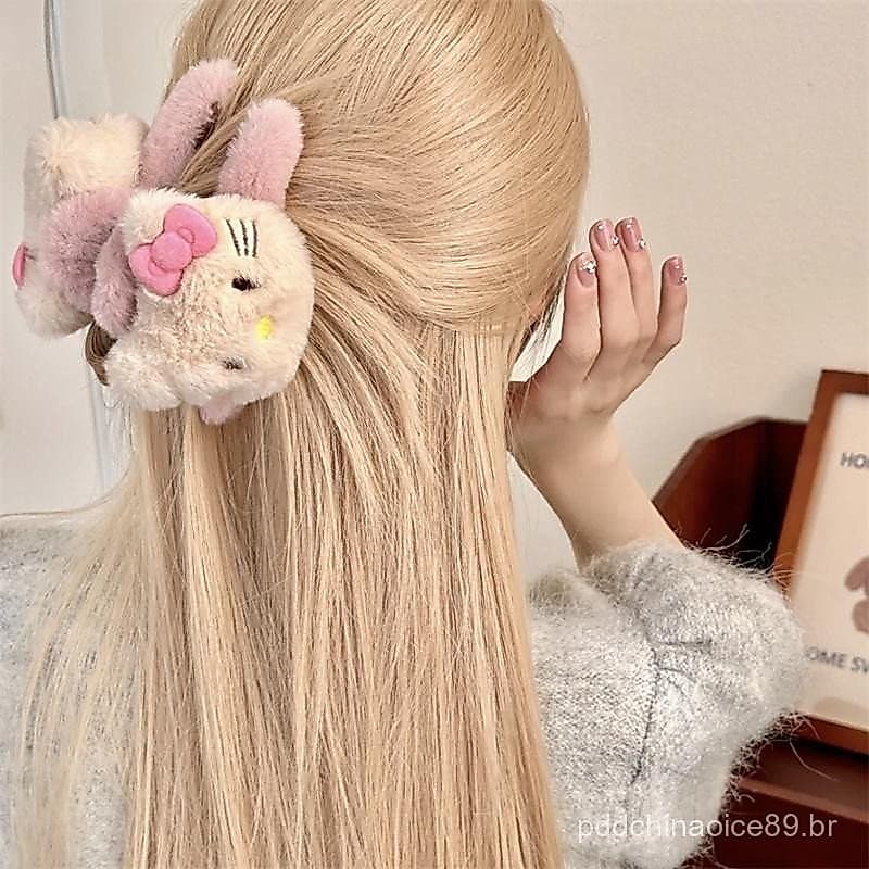 [Rhian] Sanrio Hello Kitty Plush Shark Clip Anime Figura Y2K Sweet Girl Cabelo Acessórios Cartoon Kawaii Retro Grampo Pr