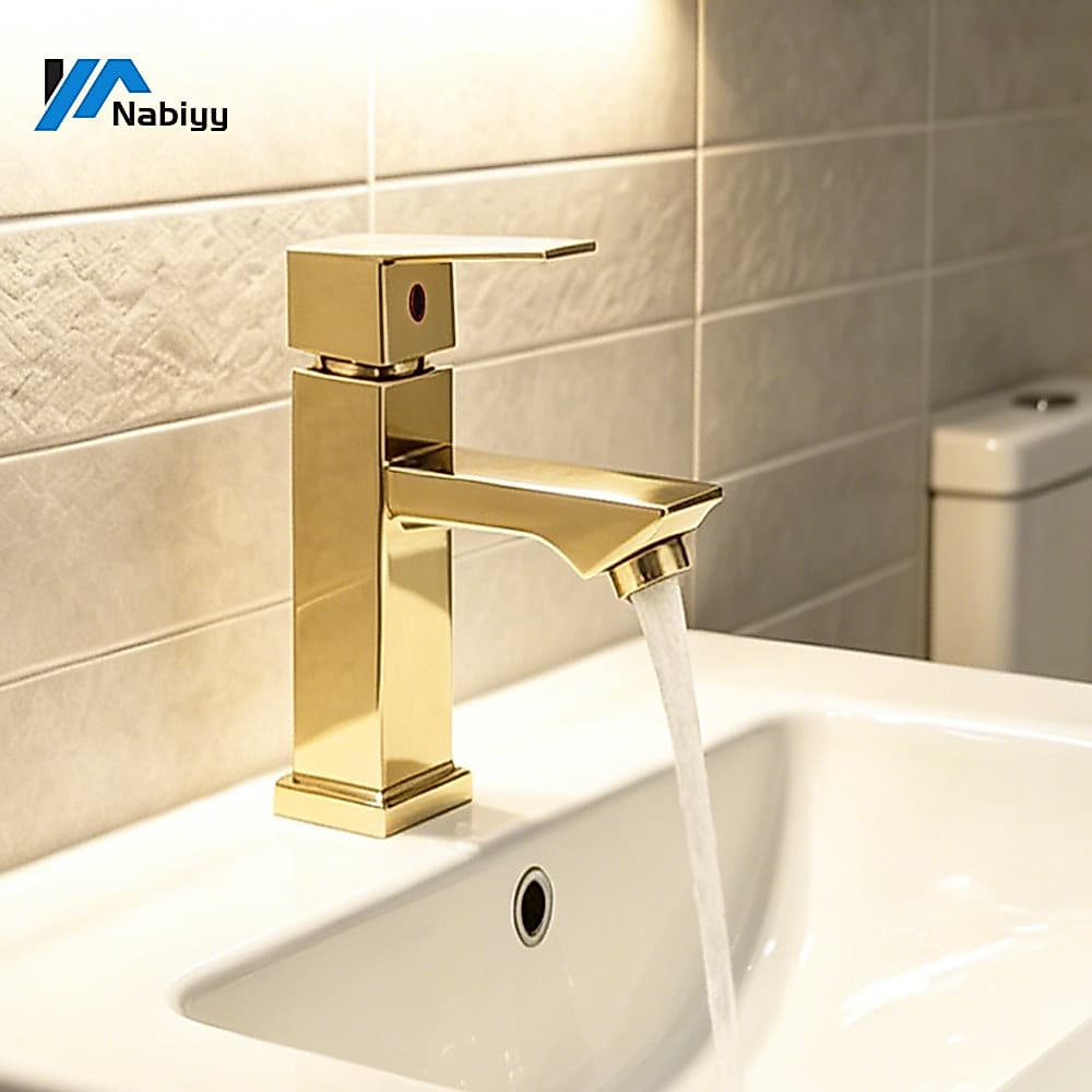 Torneira de Lavabo / Banheiro Prata Luxo Metal Moderna Cuba Inox Quadrada Ouro Polido Cromado Preto