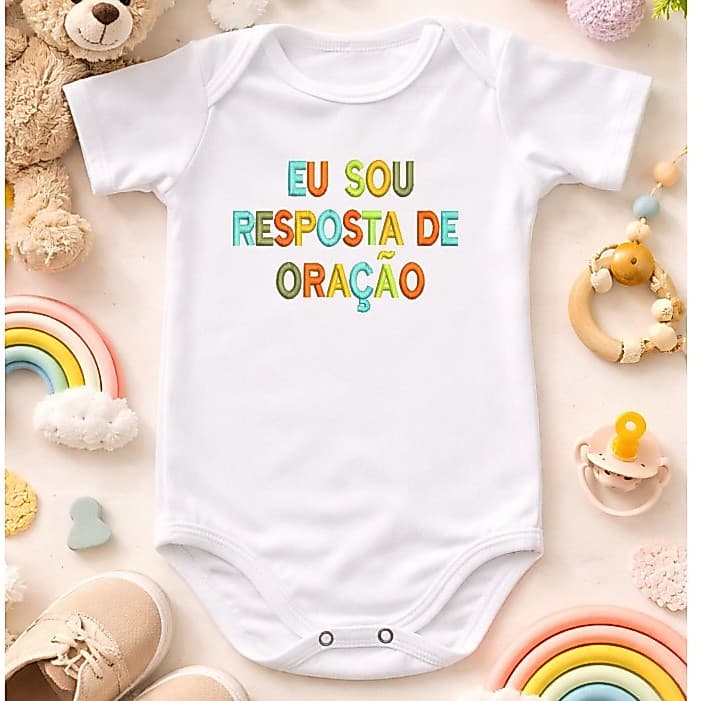 Body Bebê Bordado Eu Sou Resposta de Oração 100% Algodão Conforto Macio Presente Recém Nascido Enxoval