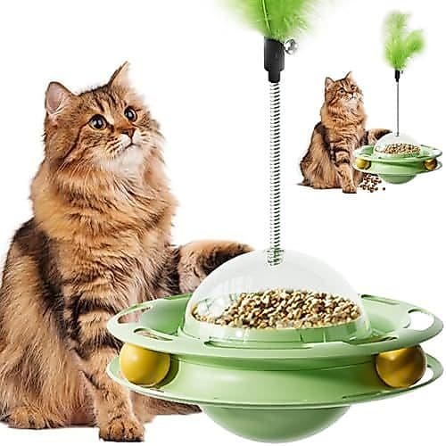 Bolas Interativas Da Trilha Dos Brinquedos Do Gato , Brinquedo 3 Em 1 Rolo Para Gatos Internos , 360 ° Dispositivo Giratório Vazamento De Alimentos (Verde)