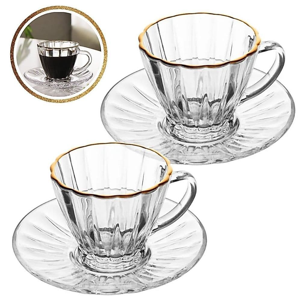 Conjunto 2 Xícaras Com Borda Fio De Ouro Radial 180ml de Vidro Cristal Para Chá, Café Lyor