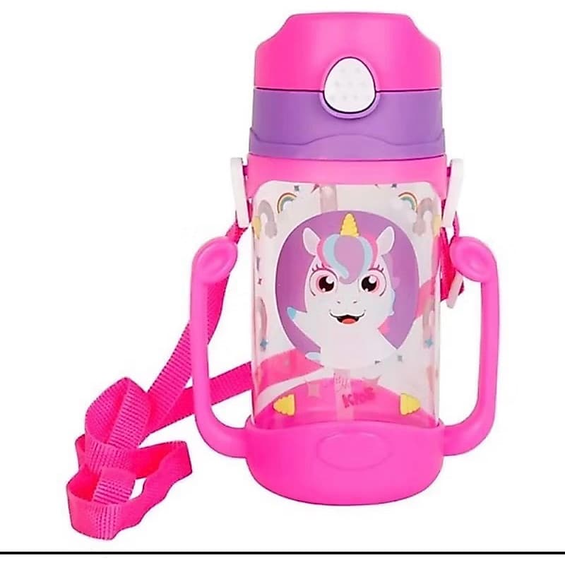 Garrafa Infantil Unicórnio  400ml com Canudo e Alça – Squeeze Kids Antivazamento ar BPA Free