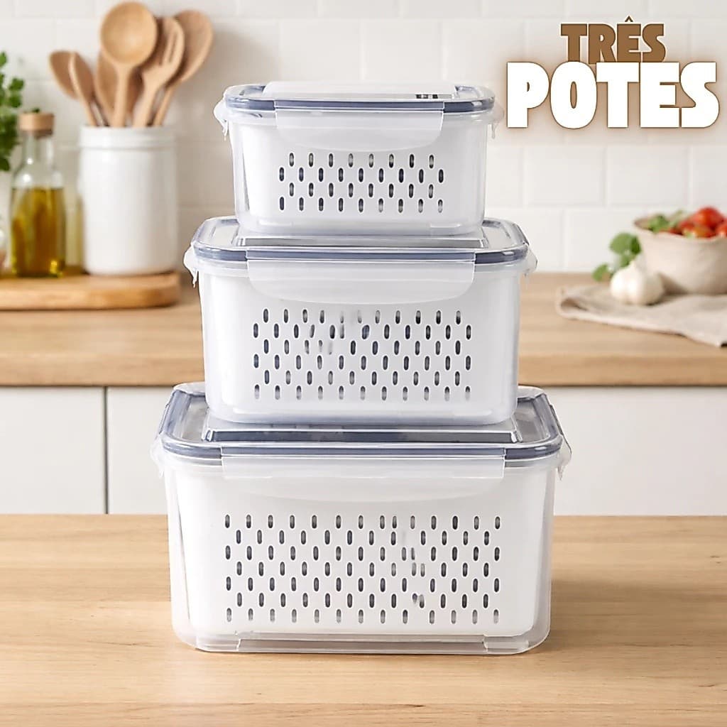 Organizador com 3 Potes Herméticos Kit Geladeira para Frutas Alimentos Inclui Cesto
