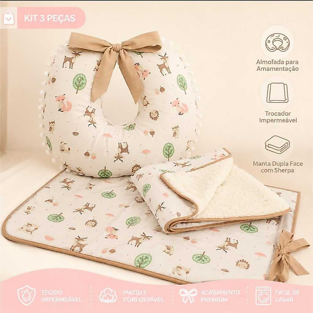 Kit Amamentação 3 Peças para Bebê com Almofada, Manta Sherpa Dupla Face e Trocador Impermeável