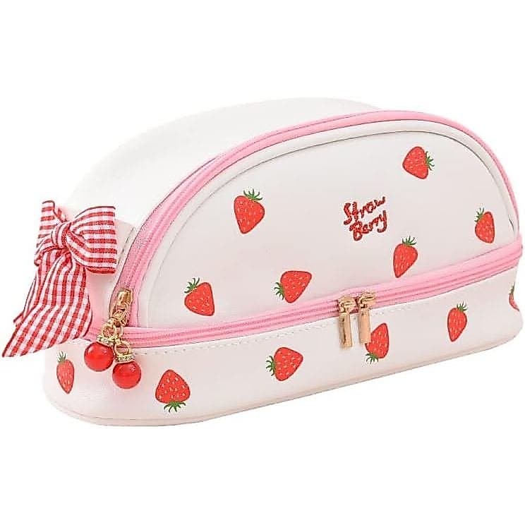 Bolsa de de material escolar com zíper, bolsa de canetas de couro rosa, design kawaii de morango, adequada