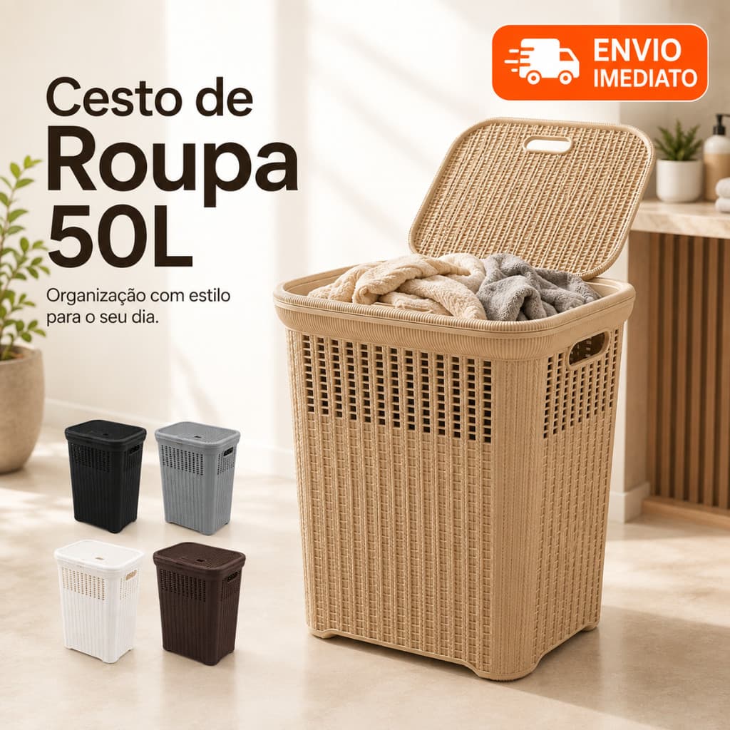Cesto de Roupa Rattan 50L com Tampa Basculada Grande Premium